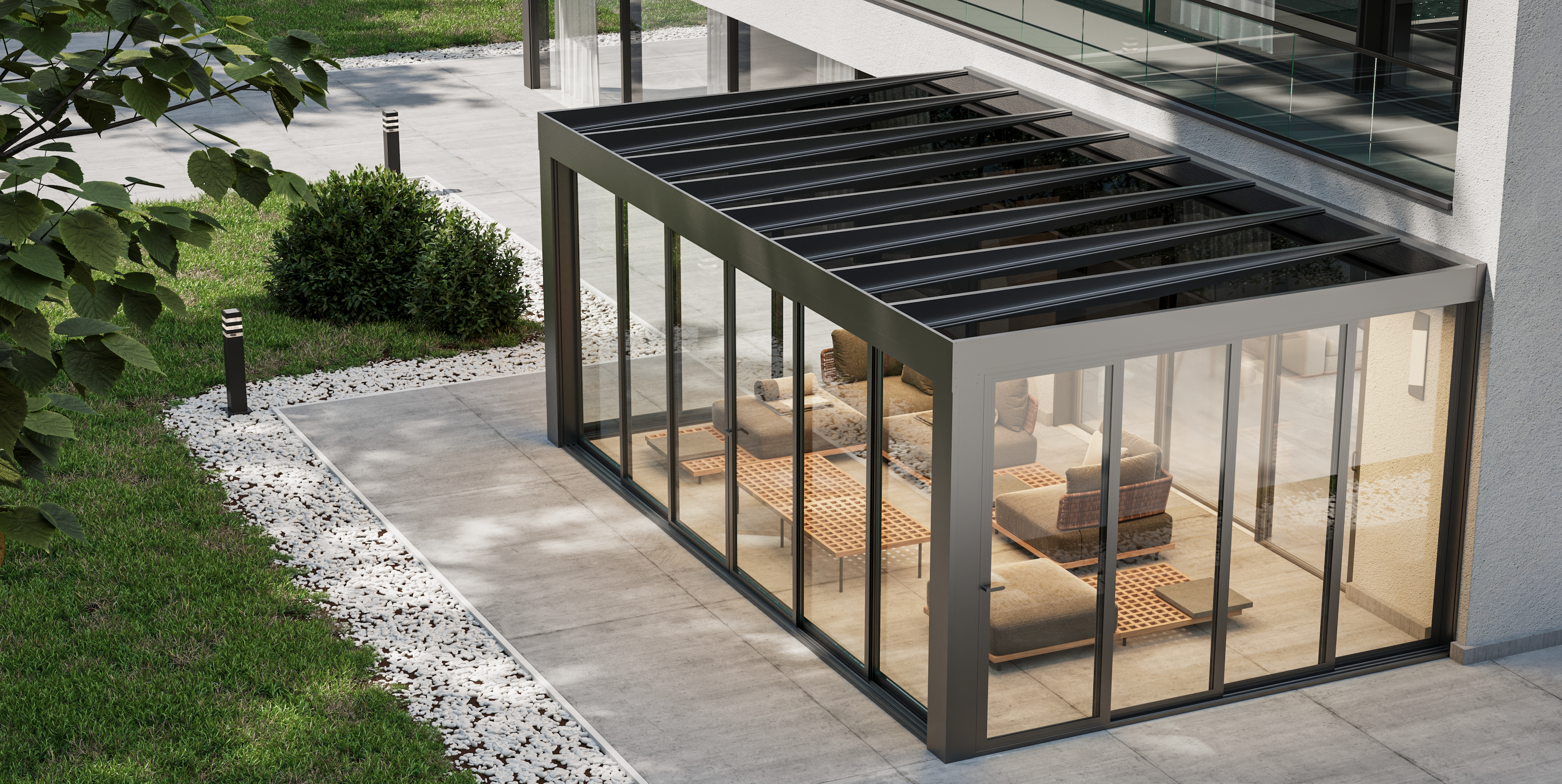 BQB Cube Terrassenüberdachung mit Glas-Eindeckung Opal